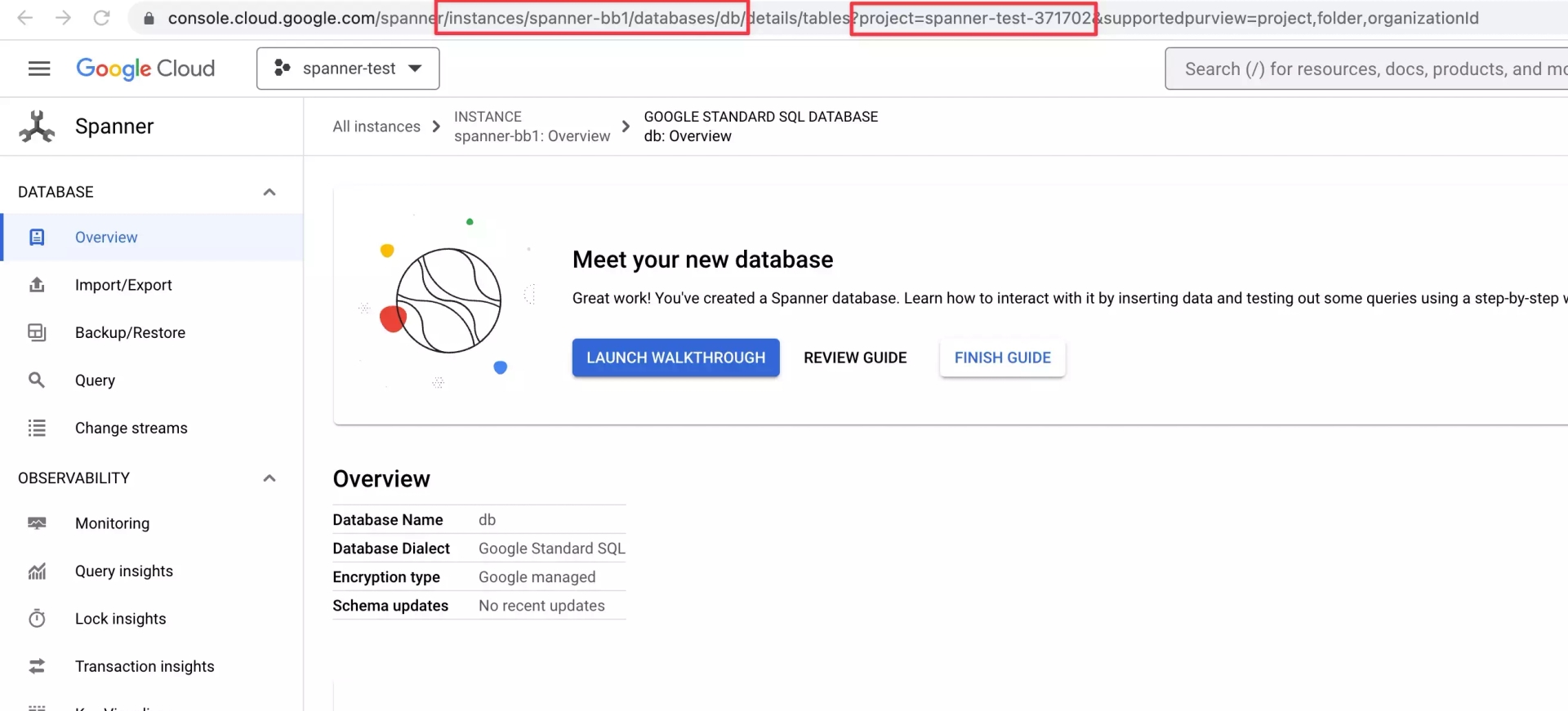 Spanner database detail page